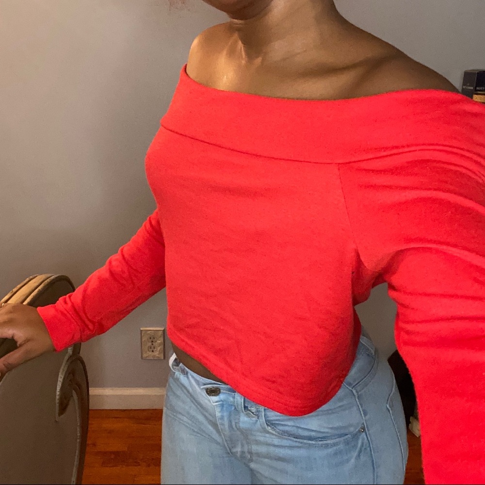 Red Strapless Cropped Sweater